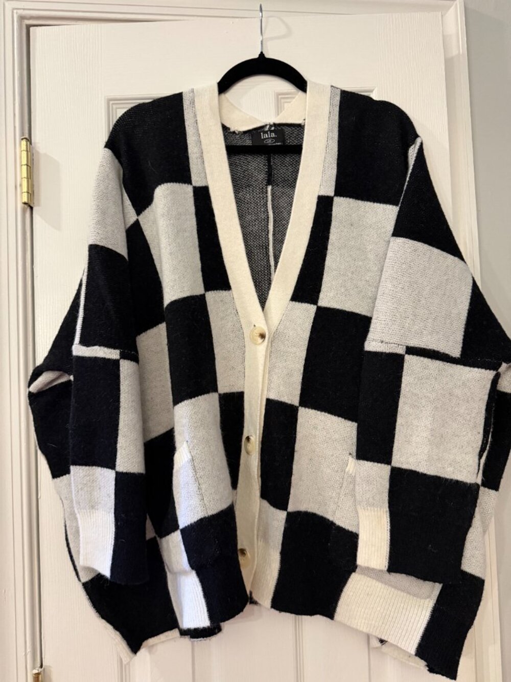 Dressed in LaLa - Love You Oversized Checkerboard Cardigan in Black + White